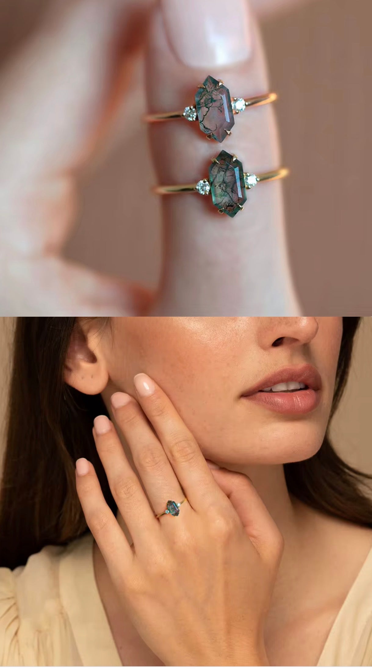 925 Silver Jewelry Retro Gemstone Ring Gold Plated
Hexagon Shape Natural Green Moss Agate Ring