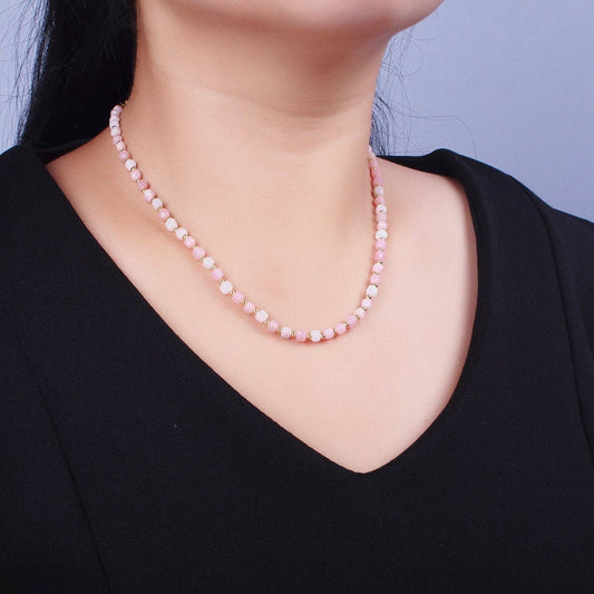 16 Inch Natural Pink Opal Multifaceted Cube Gemstone w. Gold Bead Choker Necklace | WA-1444