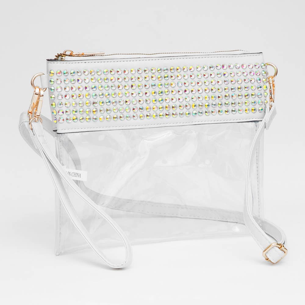 Bling Studded Flat Transparent Crossbody Bag with Wristlet
: Black