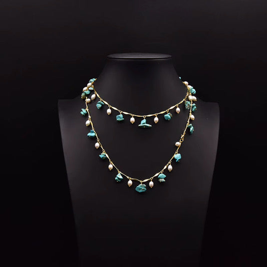 Handcrafted turquoise chips & Freshwater Pearl Station Necklace in 18K Gold Plated Chain