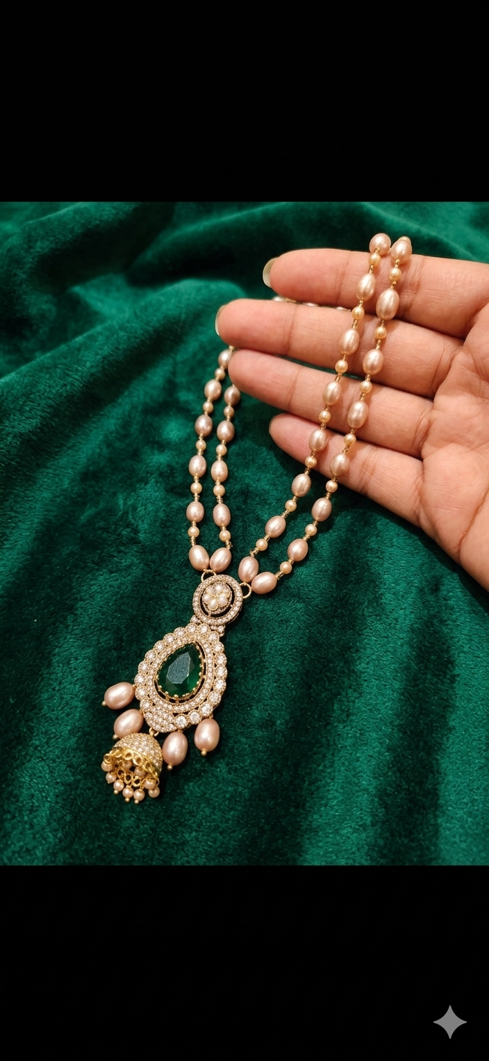 Rice Pearl Long Necklace with Oval Green Pendant