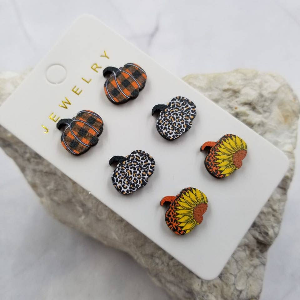 Fall Pumpkin Stud Earrings - Set Of 3