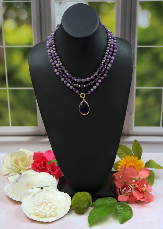 Amethyst Triple Strands Pendant Necklace