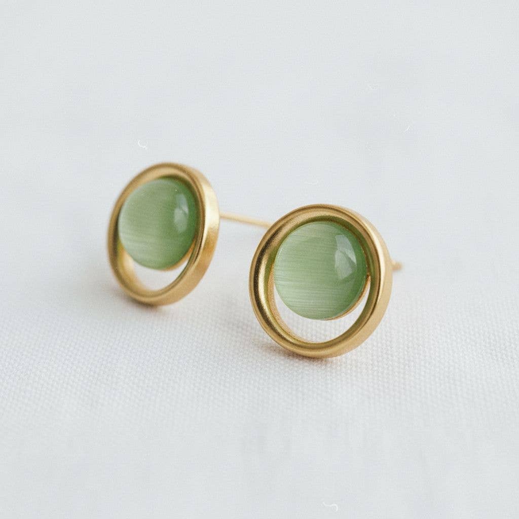 Geometric Green Cat's Eye Stone Drop Earrings