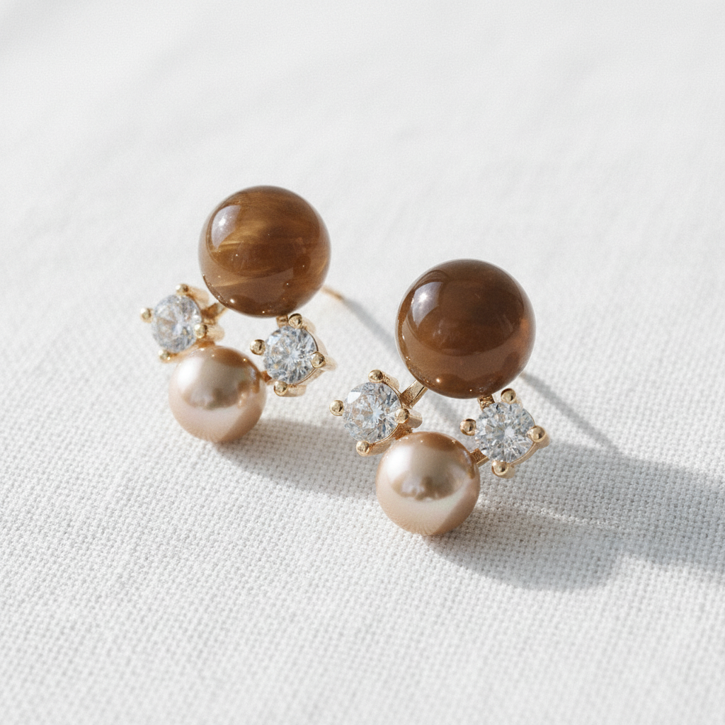 Vintage Geometric Tiger's Eye Zircon Stud Earrings