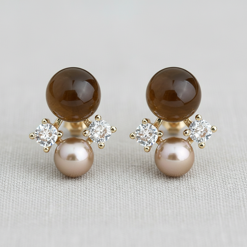 Vintage Geometric Tiger's Eye Zircon Stud Earrings