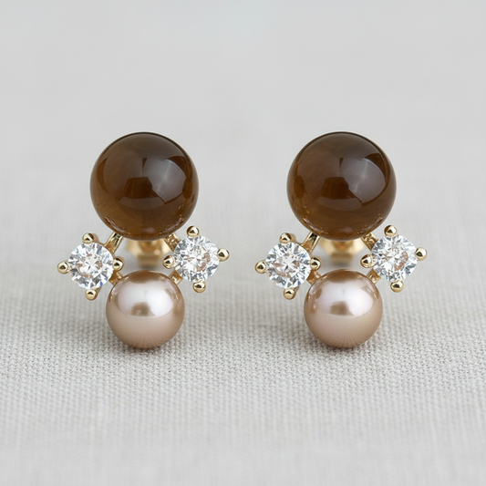 Vintage Geometric Tiger's Eye Zircon Stud Earrings