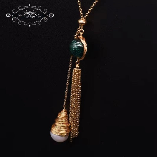 Elegant Freshwater Pearl & Green Jade Lariat Necklace