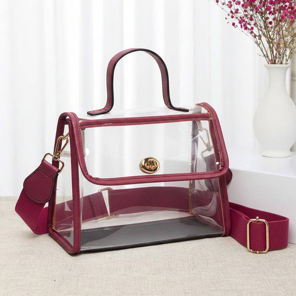 Transparent Top Handle Flap Crossbody Bag: Clear,Red