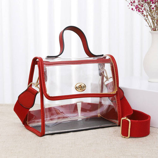 Transparent Top Handle Flap Crossbody Bag: Clear,Red