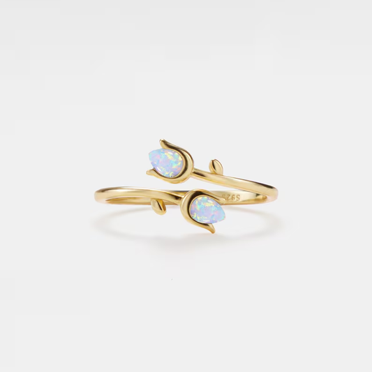 Opal Tulip Flower Bypass Ring in 925 Sterling Silver: Gold