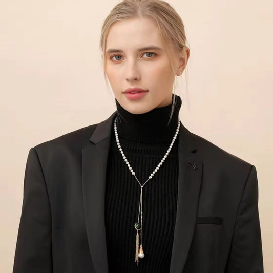 Elegant Freshwater Pearl & Green Jade Lariat Necklace