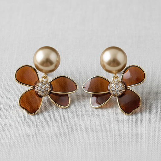 Enamel Floral and Pearl Stud Earrings
