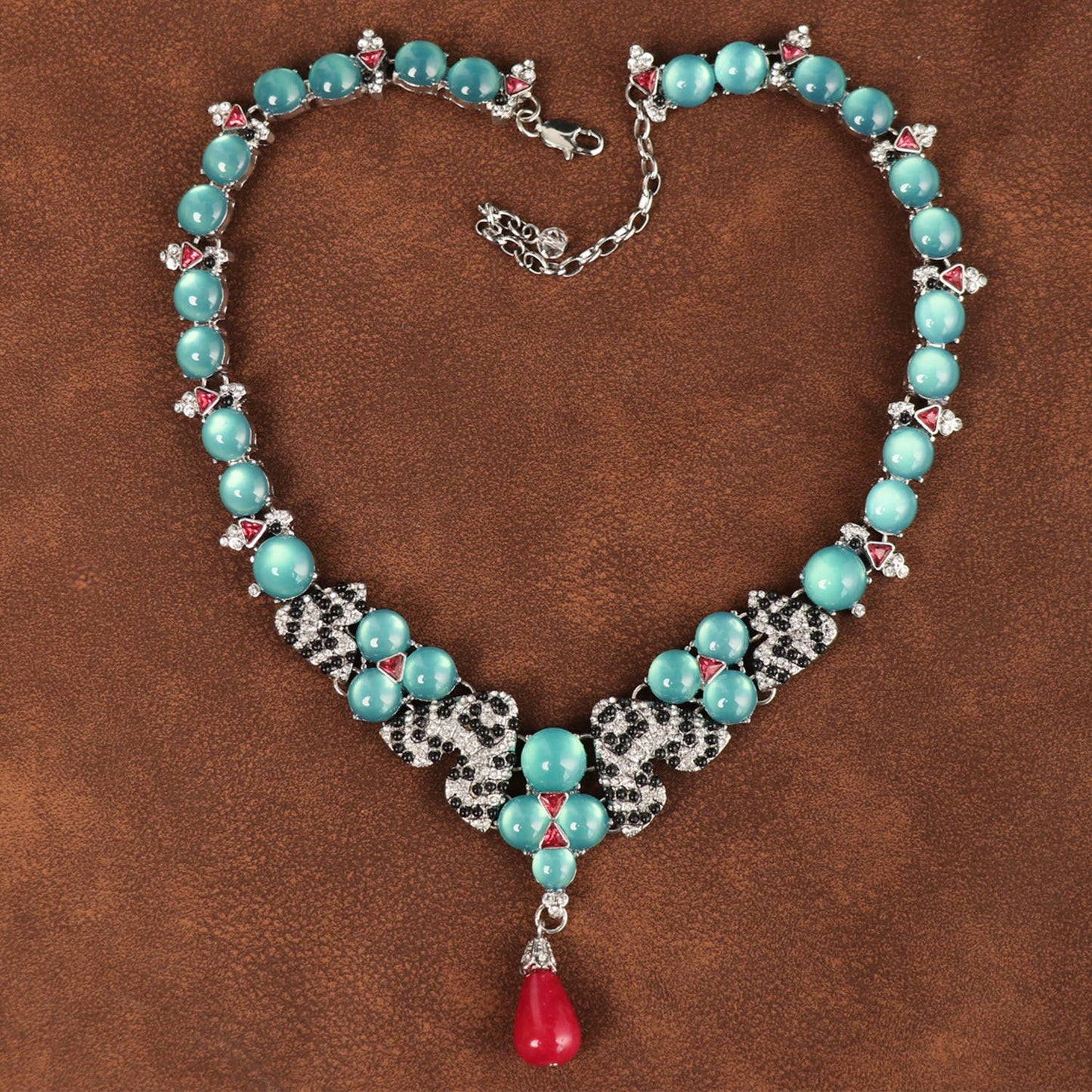 Turquoise Beaded Necklace with Red Vintage Drop Pendant