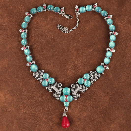 Turquoise Beaded Necklace with Red Vintage Drop Pendant