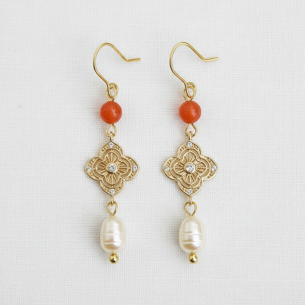 Filigree Clover Pearl and Agate Stud Earrings