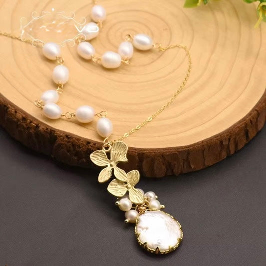 Natural Pearl Sweater Necklace .  Handmade Vintage 18k Gold-Plated Long Necklace Fine Jewelry