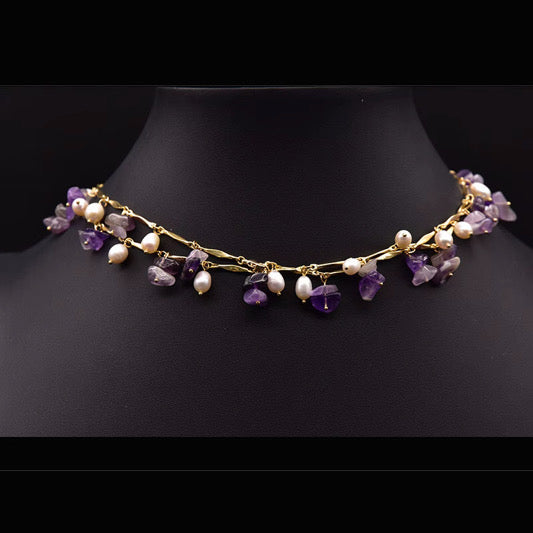 Handcrafted Amethyst & Freshwater Pearl Station Necklace in 18K Gold Plated Chain