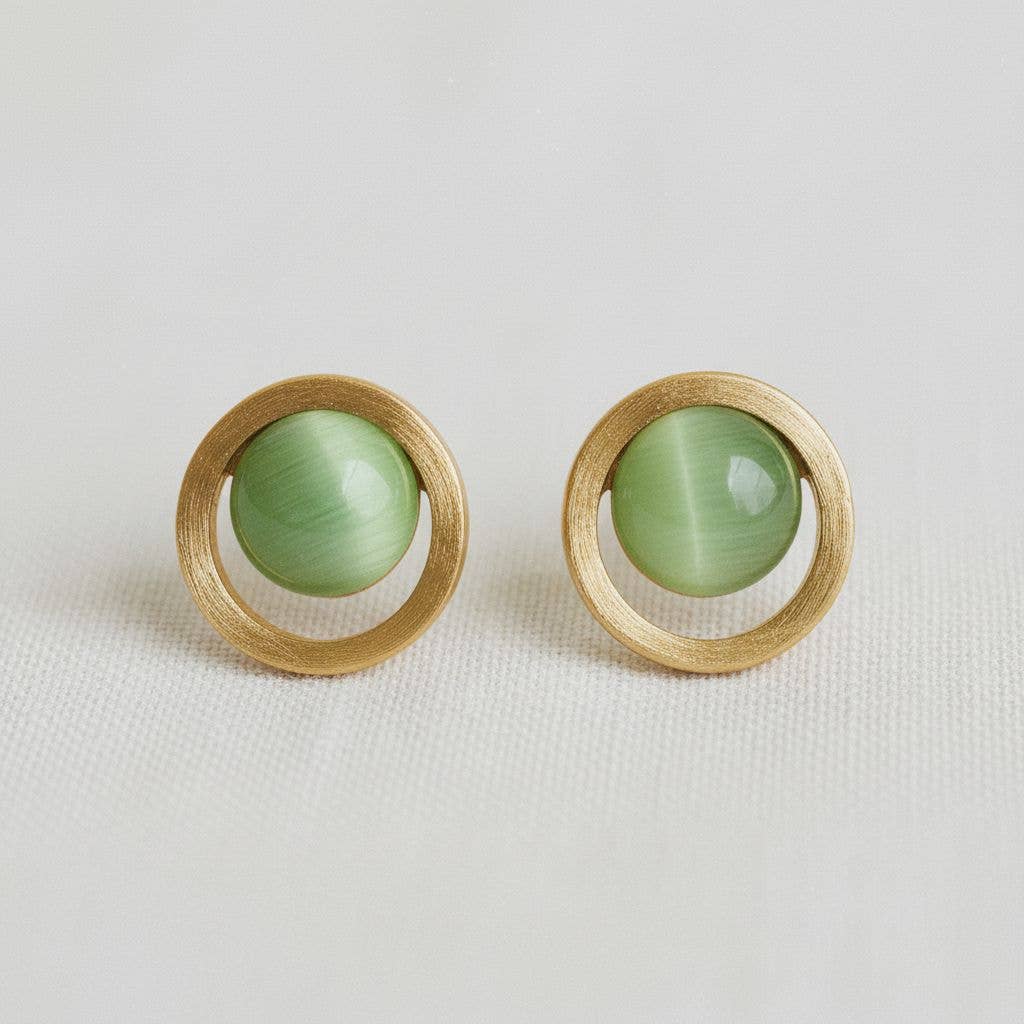 Geometric Green Cat's Eye Stone Drop Earrings