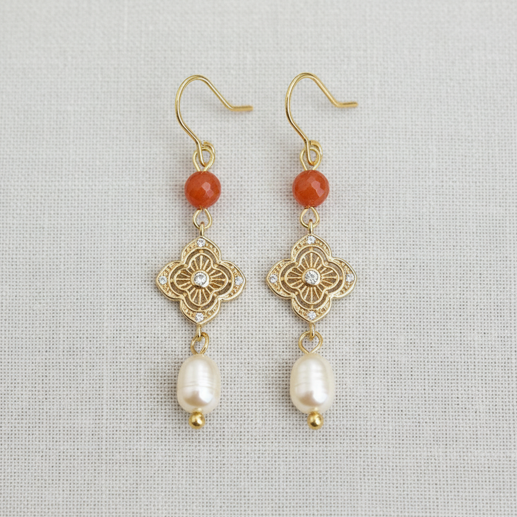 Filigree Clover Pearl and Agate Stud Earrings