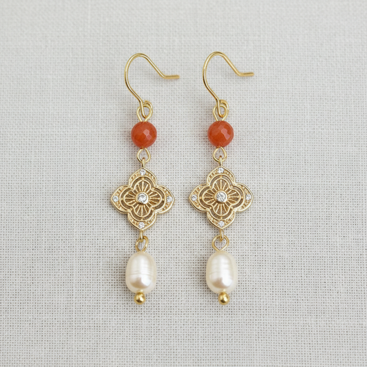 Filigree Clover Pearl and Agate Stud Earrings