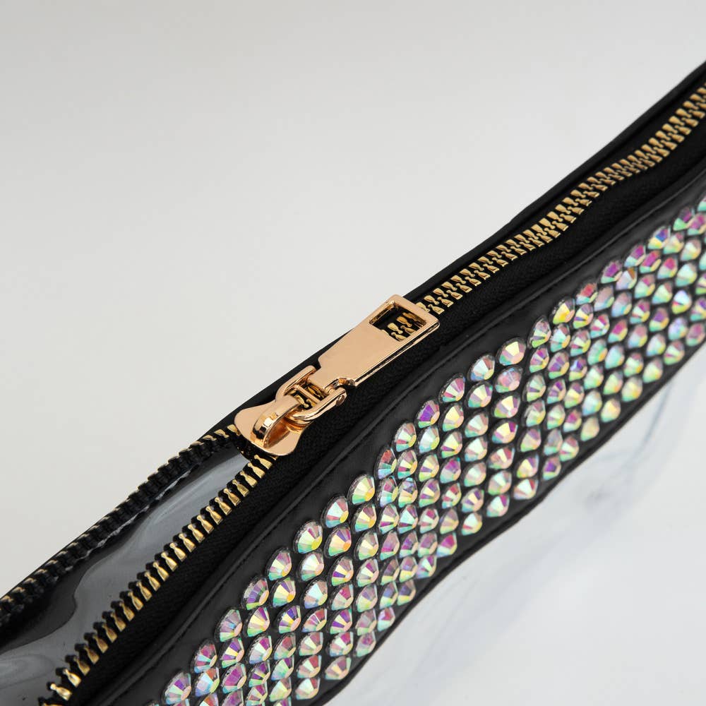 Bling Studded Flat Transparent Crossbody Bag with Wristlet
: Black