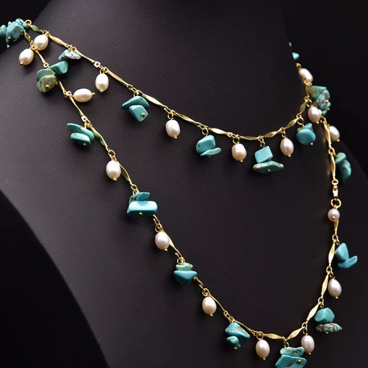 Handcrafted   turquoise chips & Freshwater Pearl Station Necklace in 18K Gold Plated Chain