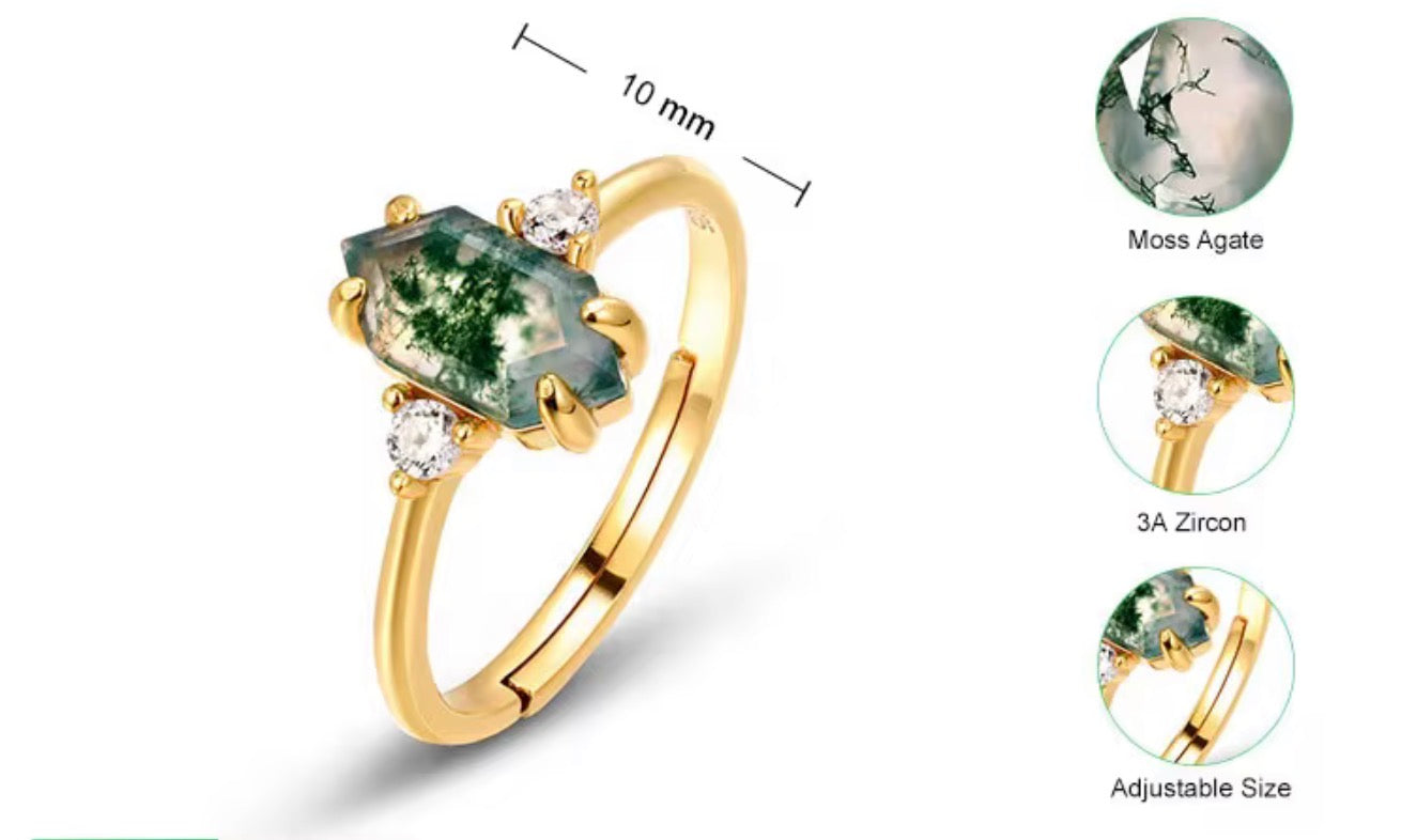 925 Silver Jewelry Retro Gemstone Ring Gold Plated
Hexagon Shape Natural Green Moss Agate Ring