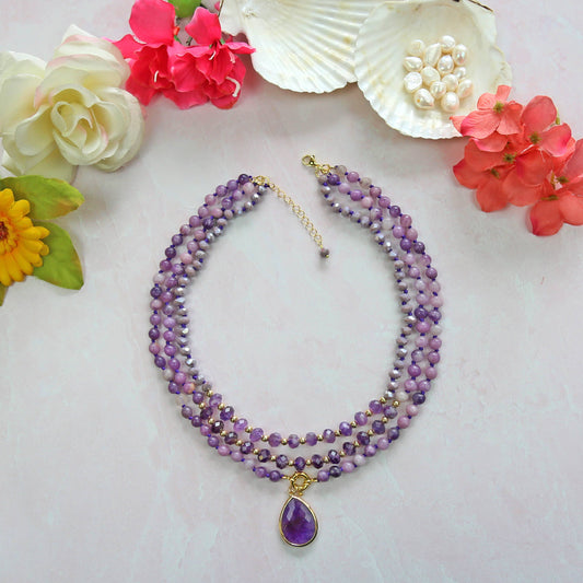 Amethyst Triple Strands Pendant Necklace
