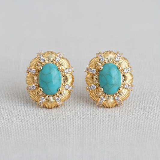 Vintage Oval Turquoise Zircon Stud Earrings
