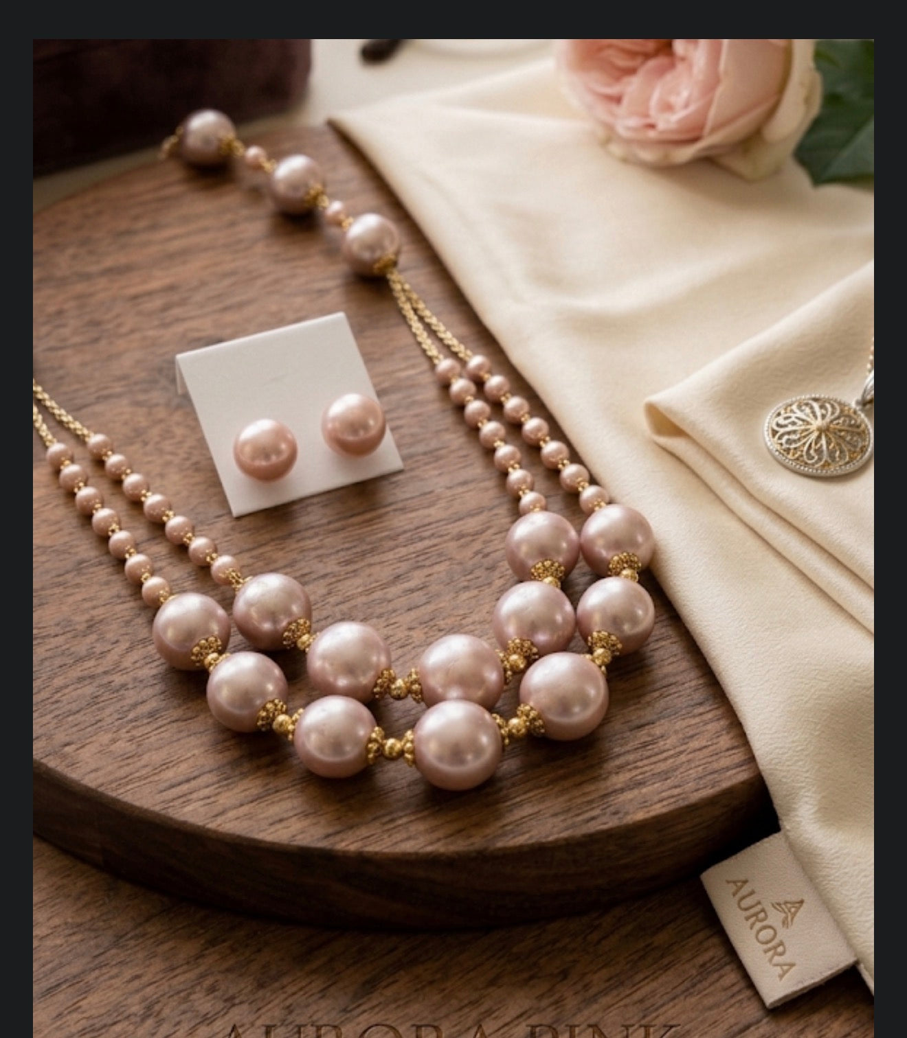 Radiant Rose Statement Necklace and ear stud AA+ quality Freshwater Pearls