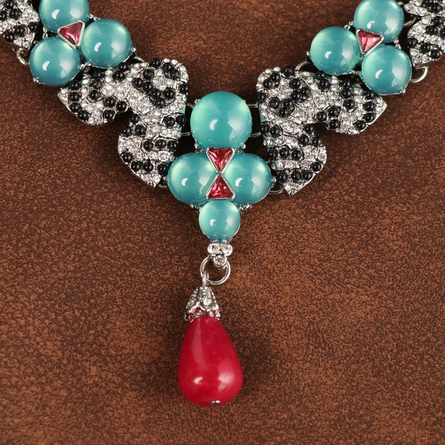 Turquoise Beaded Necklace with Red Vintage Drop Pendant