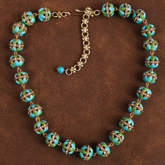 Vintage-Inspired Turquoise and Green Floral Bead Necklace
