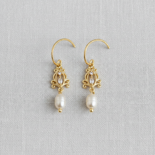 Vintage Inspired Filigree Zircon and Pearl Earrings
