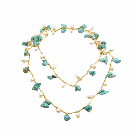 Handcrafted   turquoise chips & Freshwater Pearl Station Necklace in 18K Gold Plated Chain