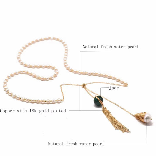 Elegant Freshwater Pearl & Green Jade Lariat Necklace