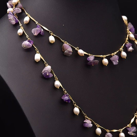 Handcrafted Amethyst & Freshwater Pearl Station Necklace in 18K Gold Plated Chain