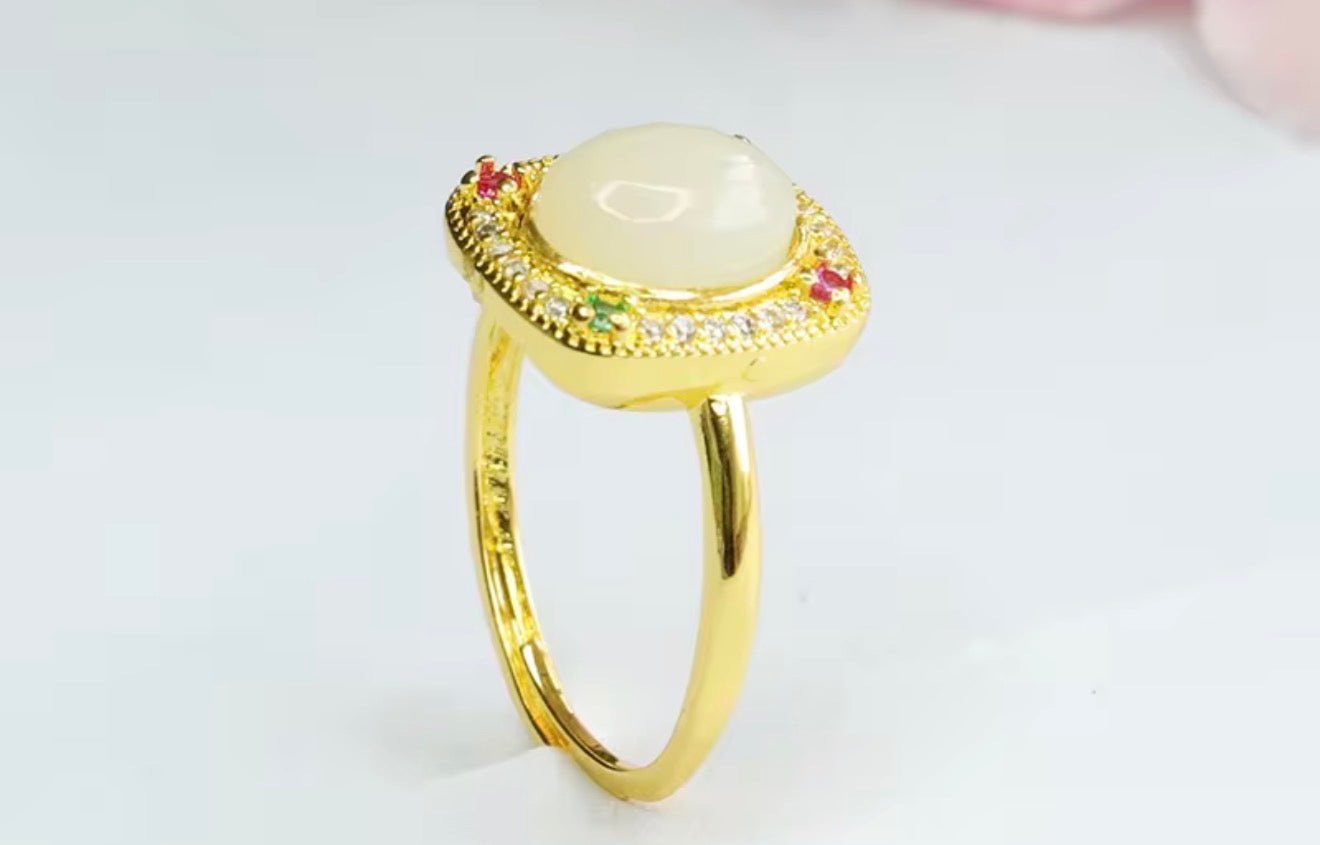 Square Vintage High Quality Hetian Jade Rings, Gold Plated Zircon Ring