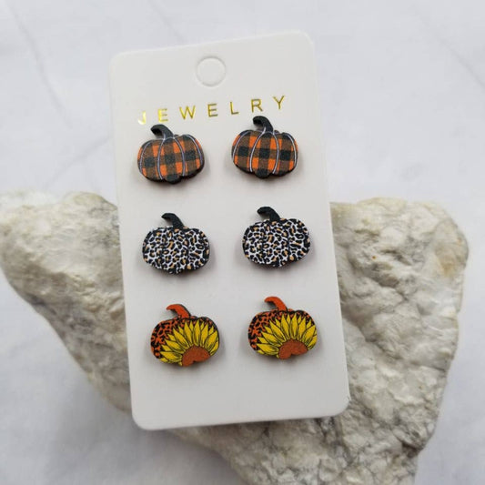 Fall Pumpkin Stud Earrings - Set Of 3