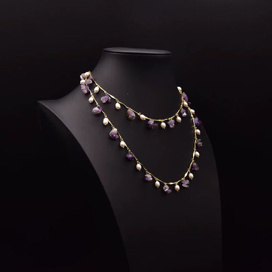 Handcrafted Amethyst & Freshwater Pearl Station Necklace in 18K Gold Plated Chain