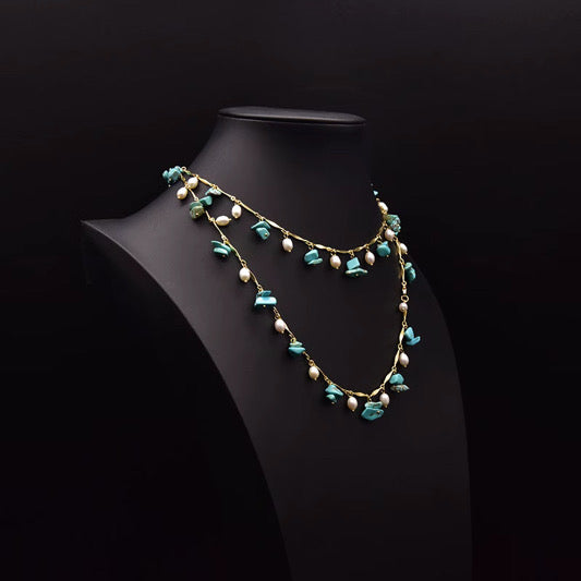 Handcrafted   turquoise chips & Freshwater Pearl Station Necklace in 18K Gold Plated Chain