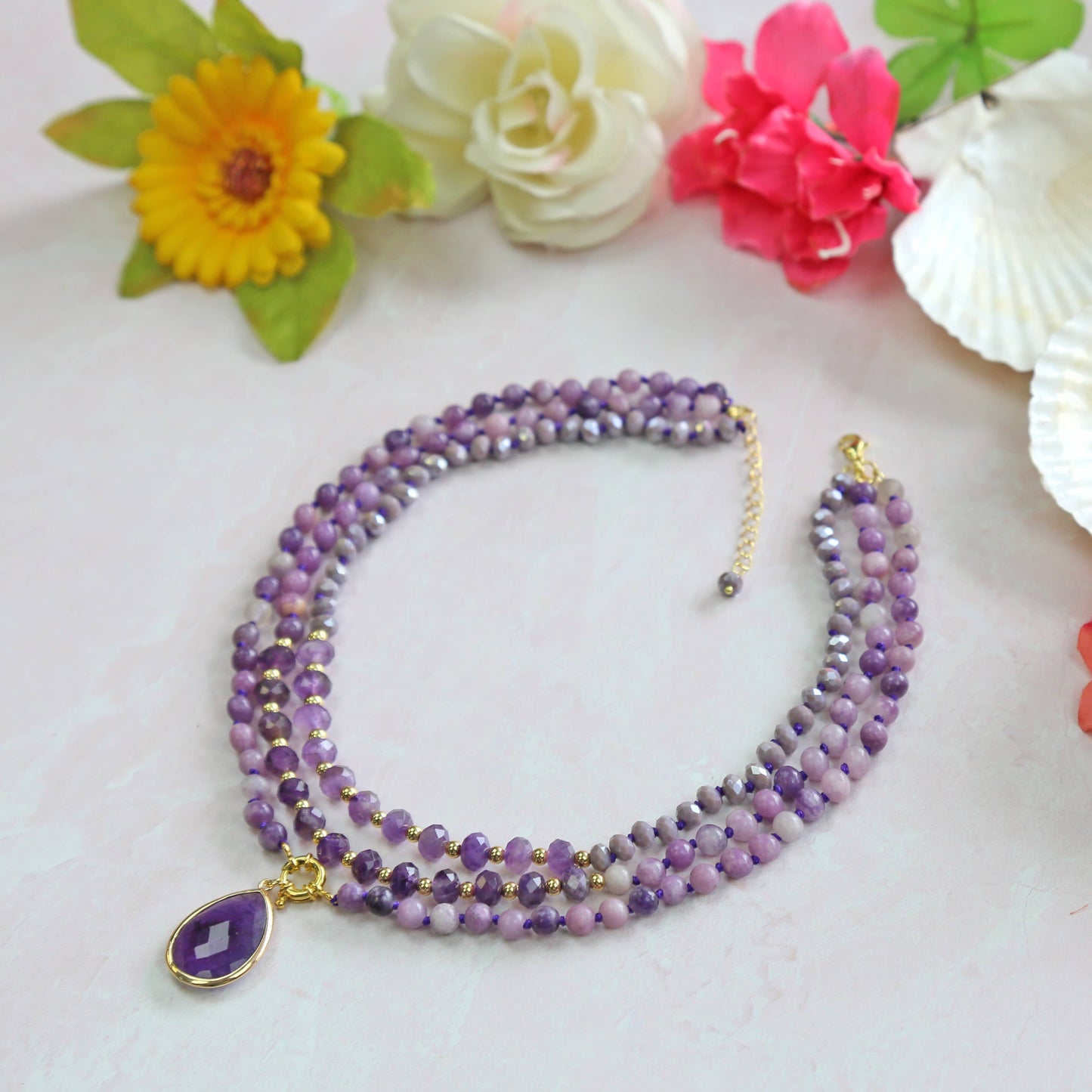 Amethyst Triple Strands Pendant Necklace
