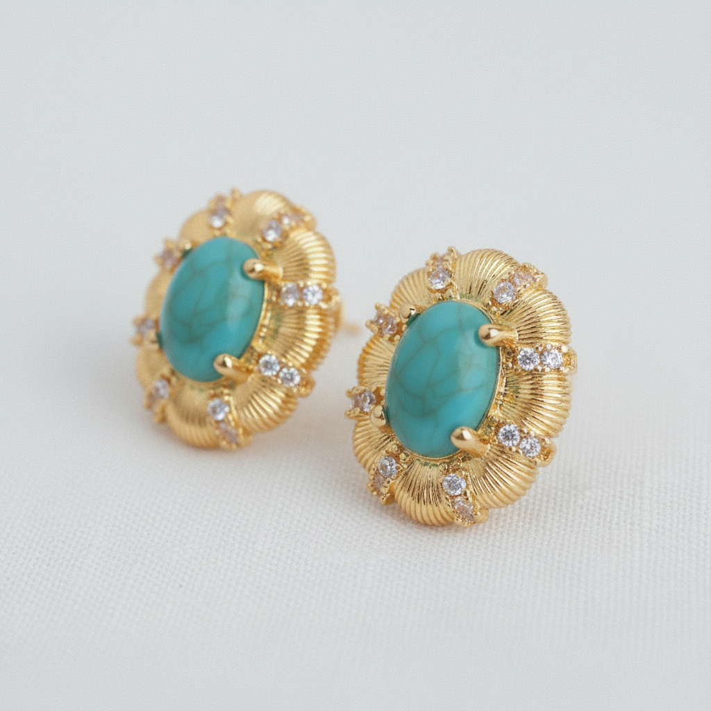Vintage Oval Turquoise Zircon Stud Earrings
