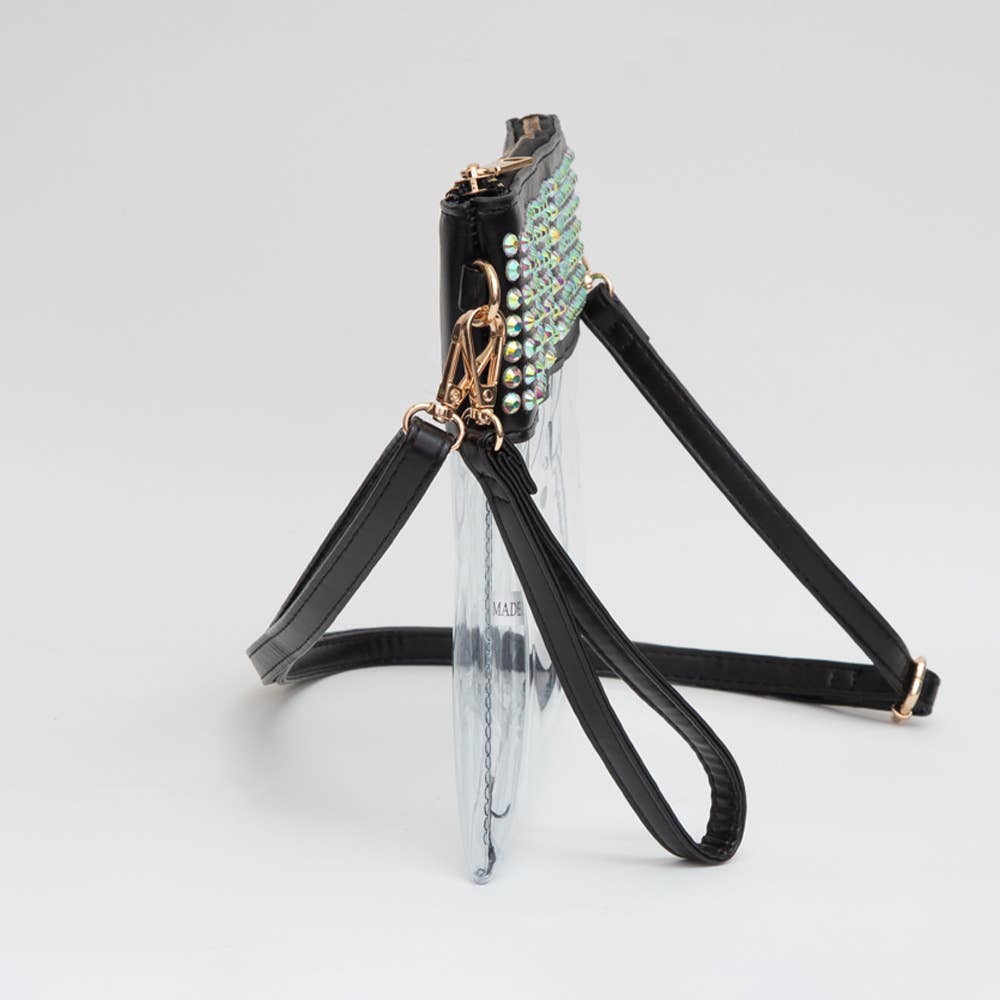 Bling Studded Flat Transparent Crossbody Bag with Wristlet
: Black