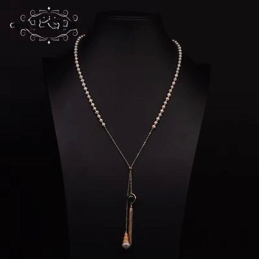 Elegant Freshwater Pearl & Green Jade Lariat Necklace