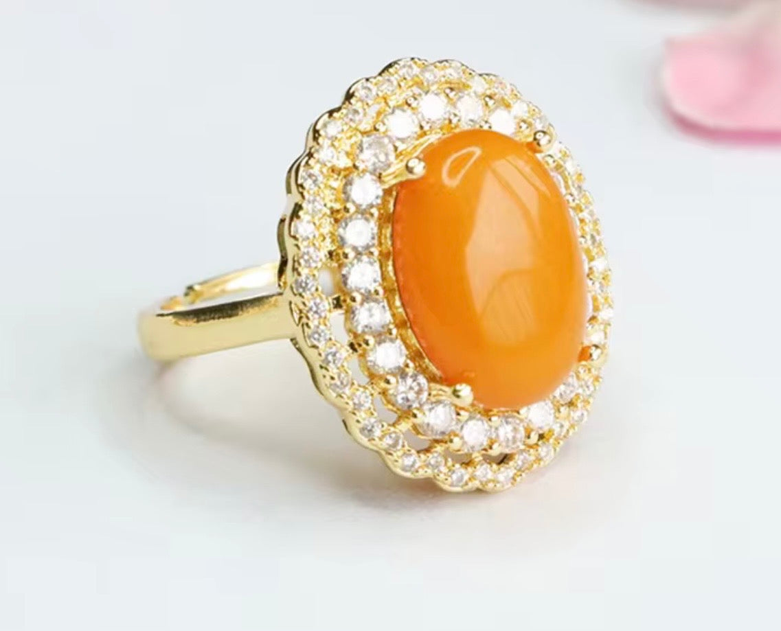 Vintage Flower Shape Amber Rings for Women Gold Plated , Full of Zircon
