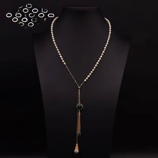Elegant Freshwater Pearl & Green Jade Lariat Necklace