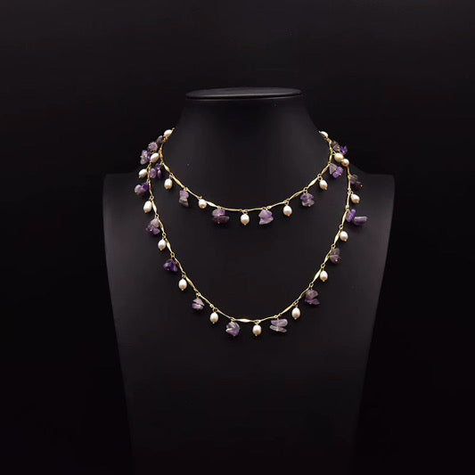 Handcrafted Amethyst & Freshwater Pearl Station Necklace in 18K Gold Plated Chain