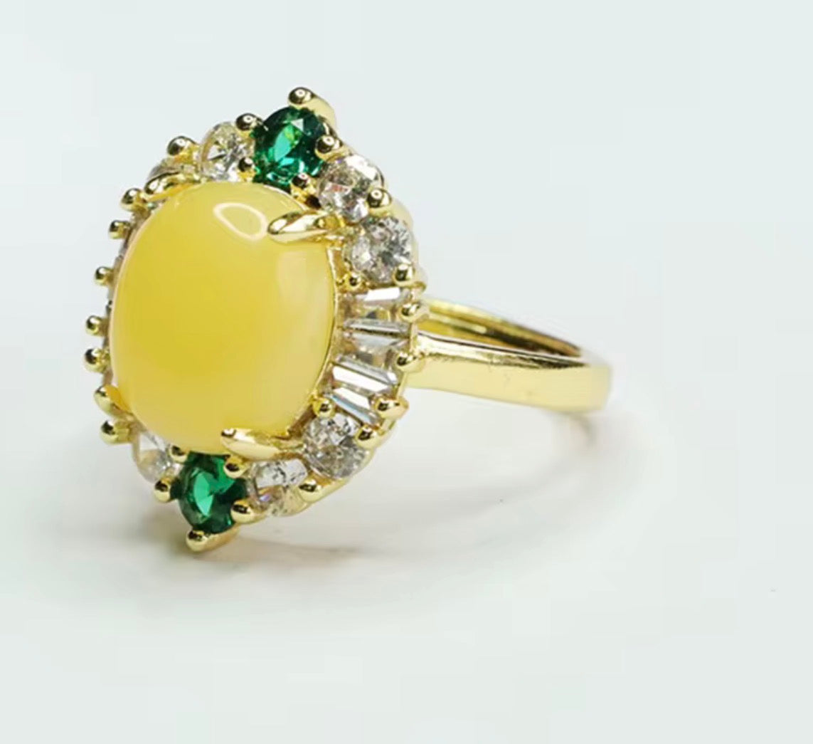 High Quality Amber Rings Fashion Gold Plated Brass Gemstone Finger Rings