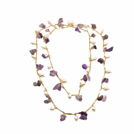 Handcrafted Amethyst & Freshwater Pearl Station Necklace in 18K Gold Plated Chain